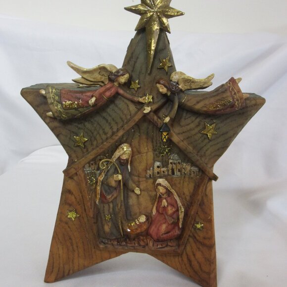 Vintage Roman Inc Nativity Scene Christmas Carved Star Baby Jesus Star Angels - Picture 7 of 11